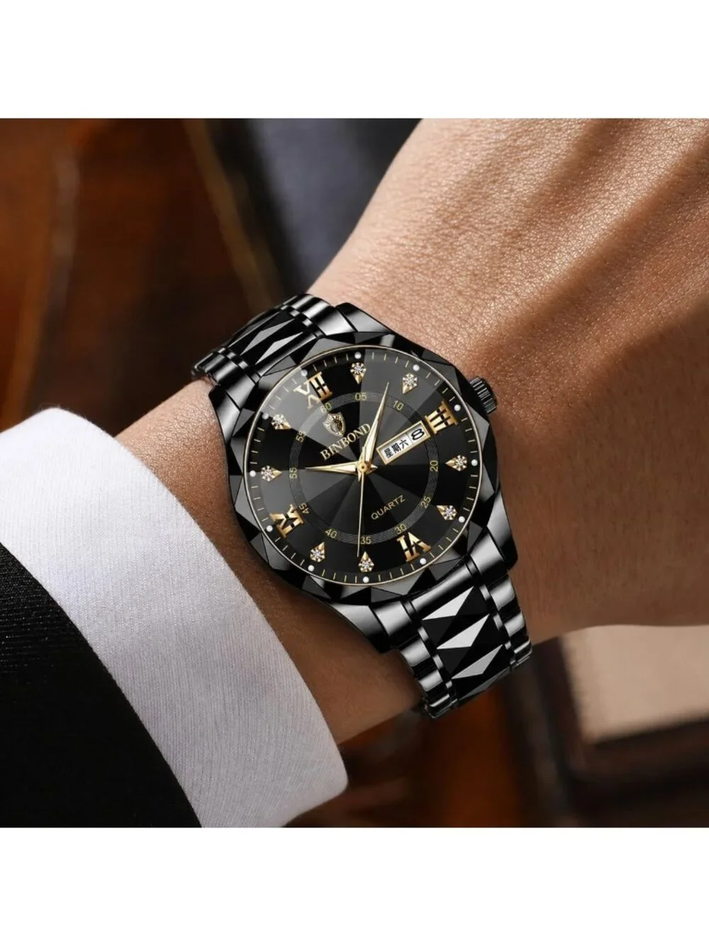 Unisex All Black Analog Stainless Steel Roman Numeral Diamond Waterproof Watch